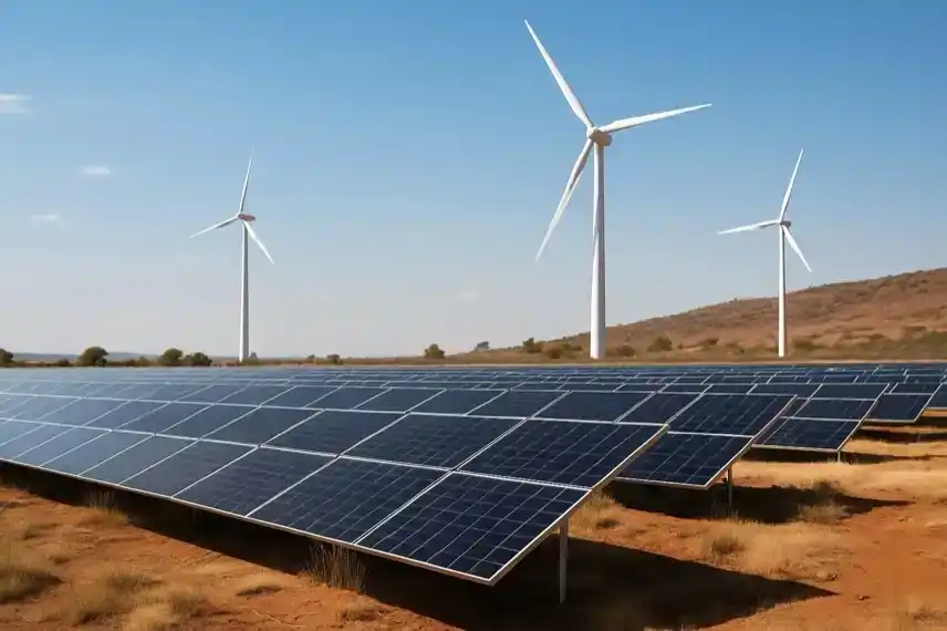 Solarfarm mit Windkraftanlagen in afrikanischer Landschaft – erneuerbare Energien, deutsche Investitionen, Klimaschutz, grüne Energie.